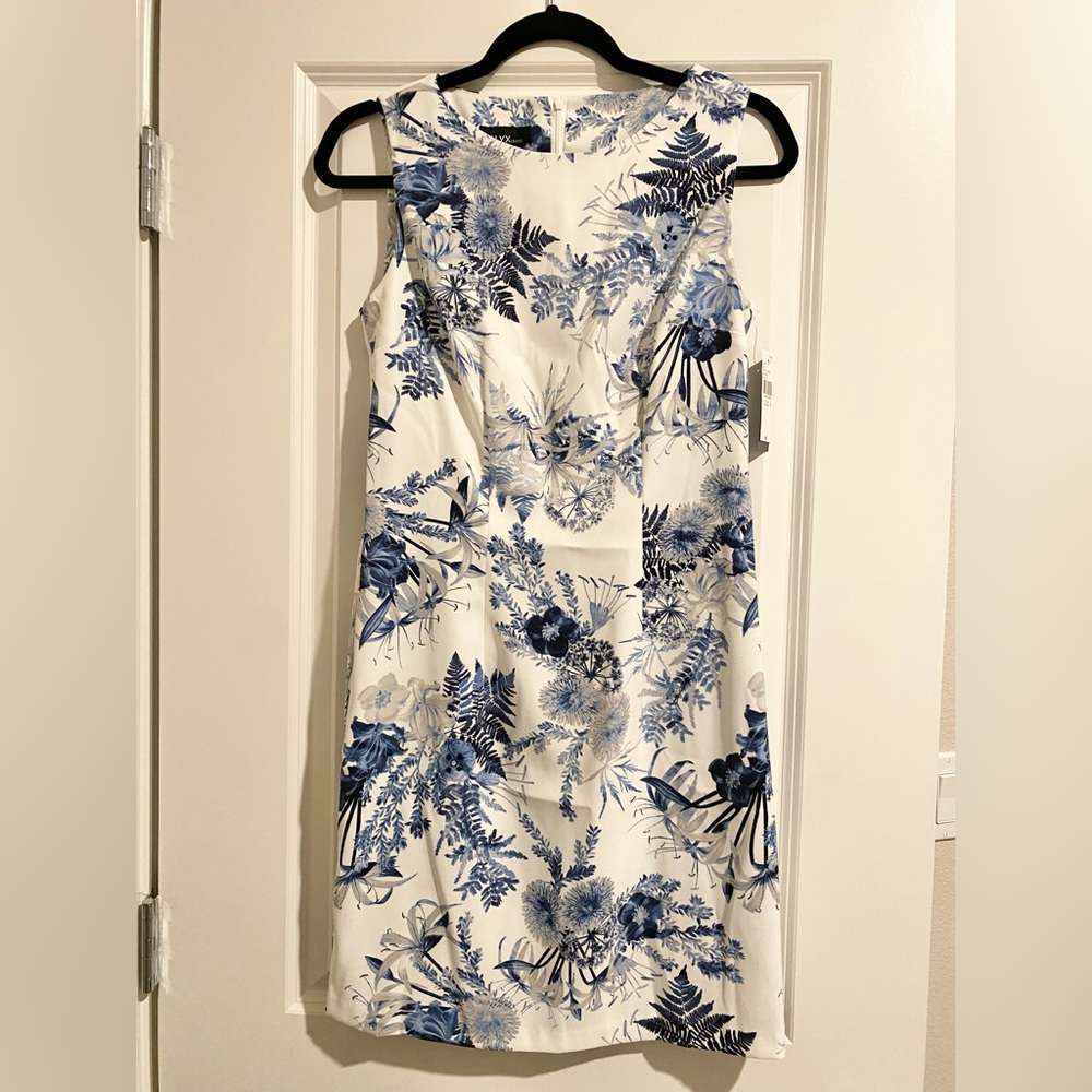 ALYXdress sheath dress in white with blue floral print